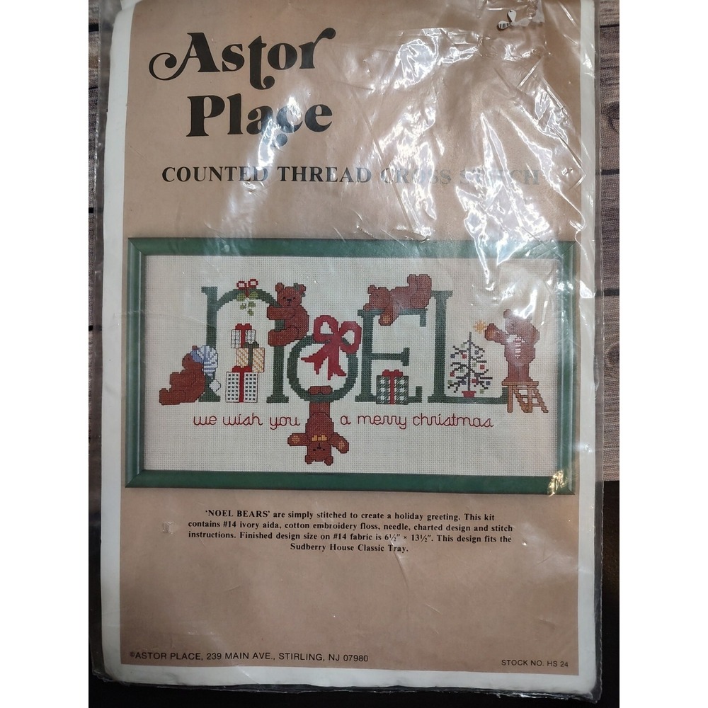 Vtg Astor Place Counted Thread Cross Stitch Christmas Noel Bears Kit 6.5x13.5 A9